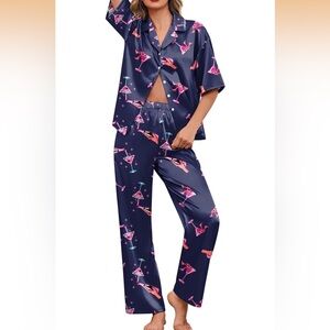 Women's Navy Satin Pajama Set with Cocktail Design
